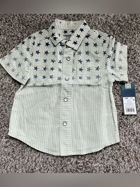 NWT 18M Light Blue & White Short Sleeve Button Up Shirt with Stars and Stripes